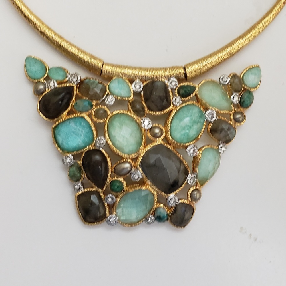 Alexis Bittar  Multi Stone Bib Gold Necklace.